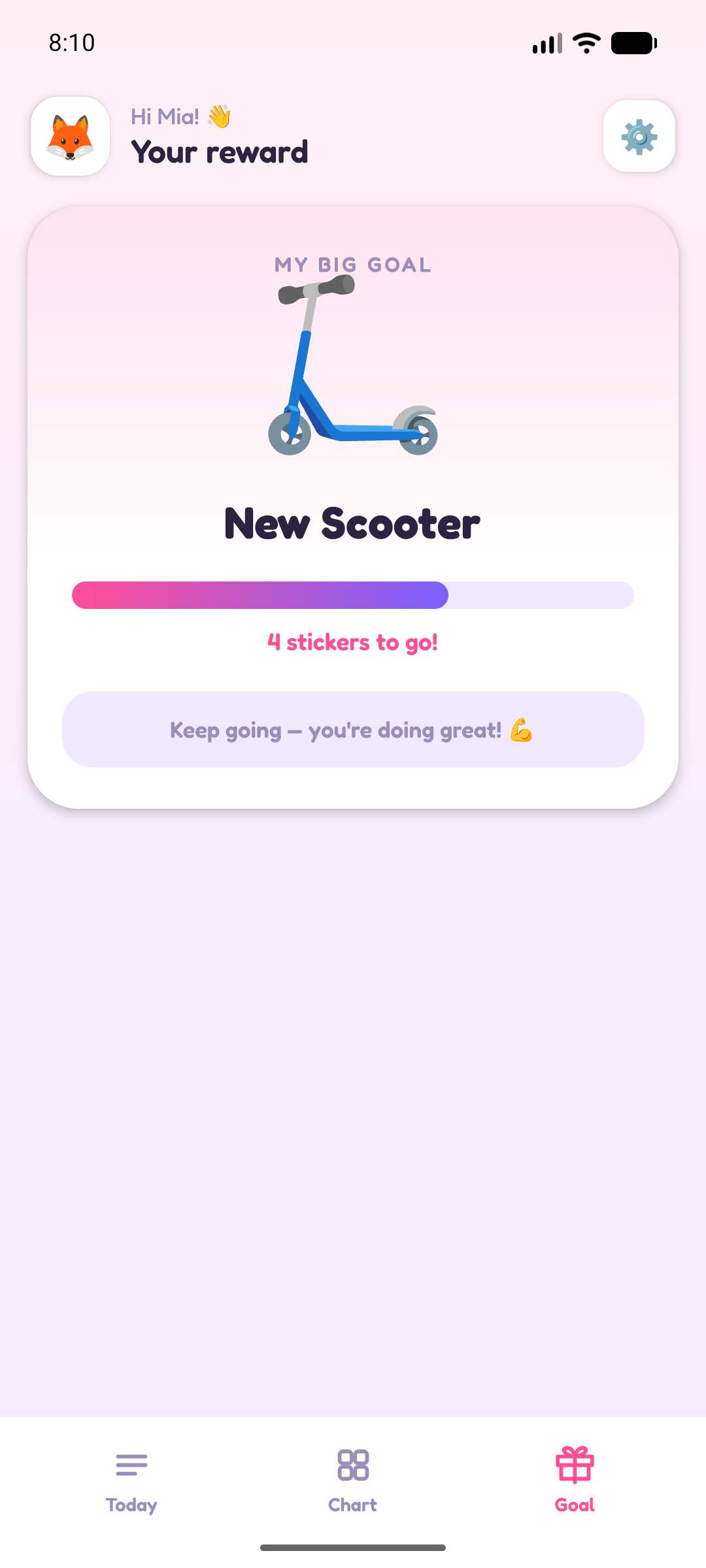 The goal screen showing the reward being worked toward